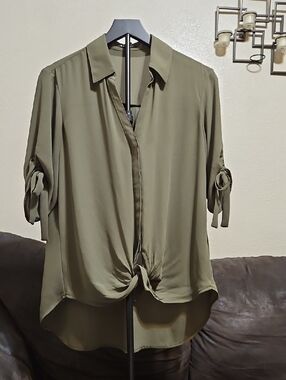 Express Olive Green Tie-Knot Button-Down Blouse